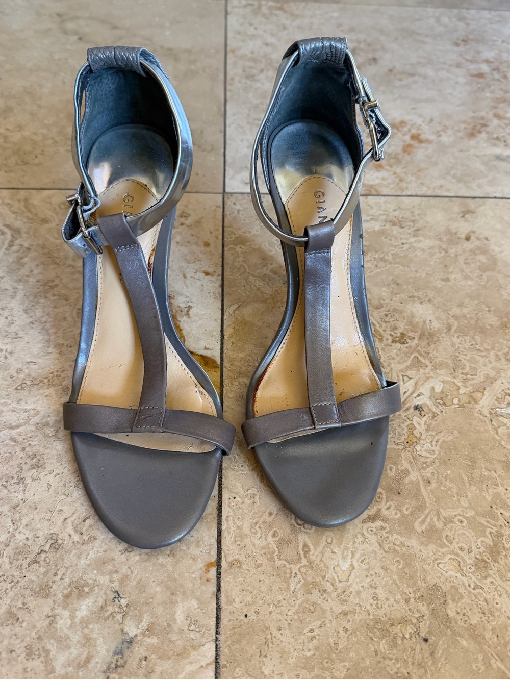 Gianni Bini Women’s T-Strap Ankle Strap Sandal heels in Gray and Silver